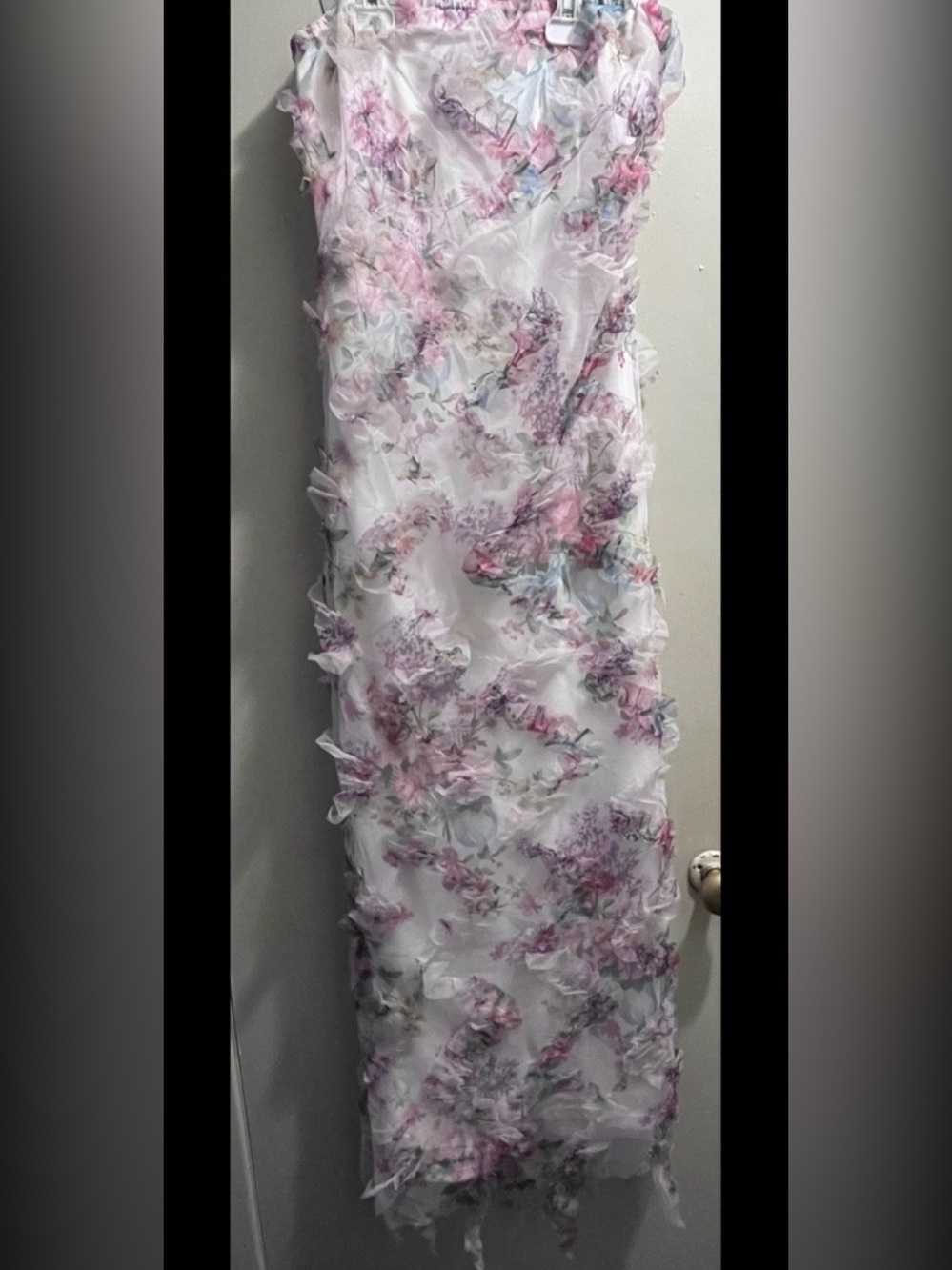 SHEIN White Strapless Maxi Dress with Pink Floral 3D Appliqué